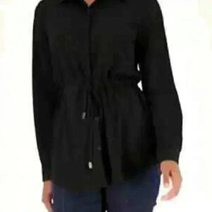 Susan Graver Liquid Knit Button Front Shirt Jacket Black Large Petite, Pockets